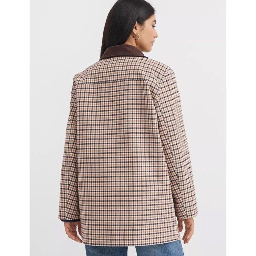LOFT Tan Plaid Collar Jacket with Brown Trim - Picture 3 of 16